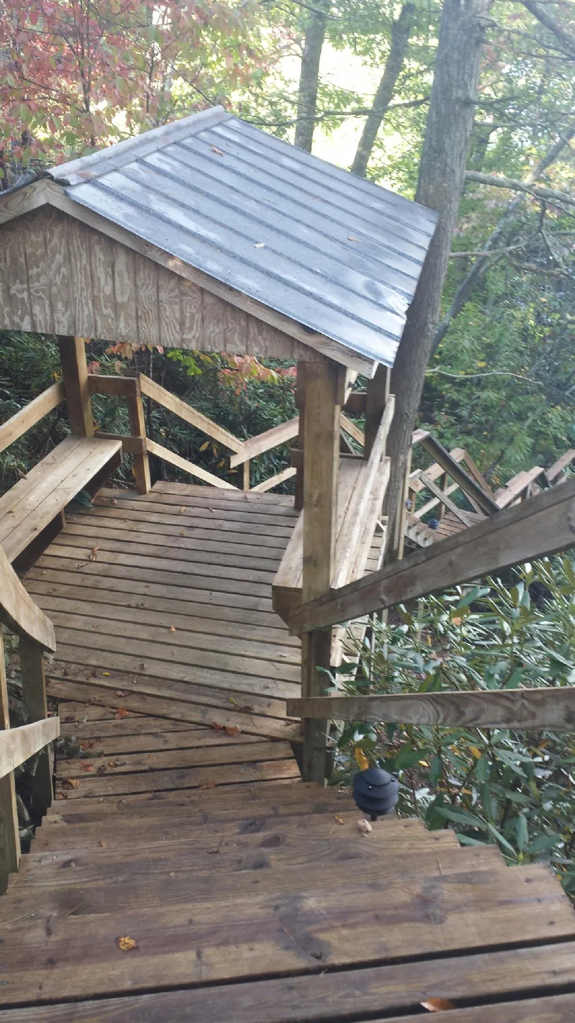 Metal roofed shelter over wooden steps on a wooded walkway — Skylight Repair & Installation work by our crew in East Helena
